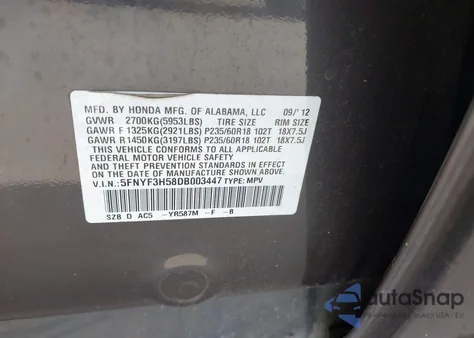 2013 Honda Pilot Ex-L из США, поврежденный, VIN 5FNYF3H58DB003447